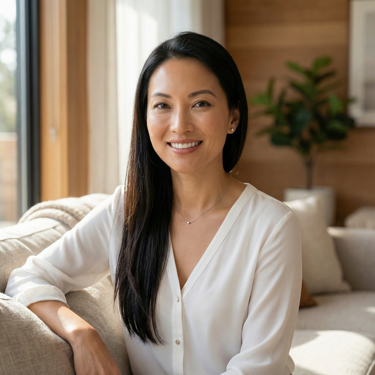 Smiling woman with long black hair and a white blouse sitting on a sofa in a sunlit living room