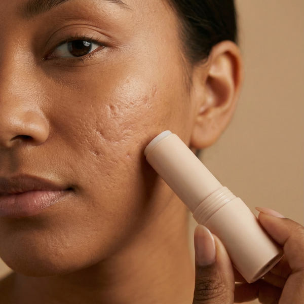 Close-up of a woman's cheek with pitted acne scars as a beige stick applicator is held against her skin