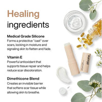 Ingredients graphic: Pluune silicone scar stick with medical grade silicone, vitamin E and dimethicone blend listed