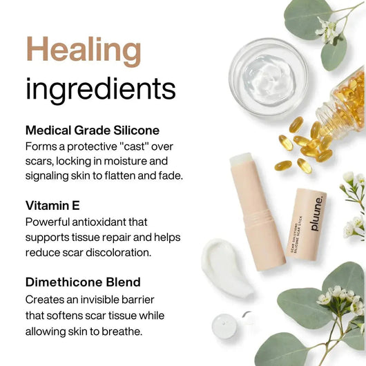Ingredients graphic: Pluune silicone scar stick with medical grade silicone, vitamin E and dimethicone blend listed