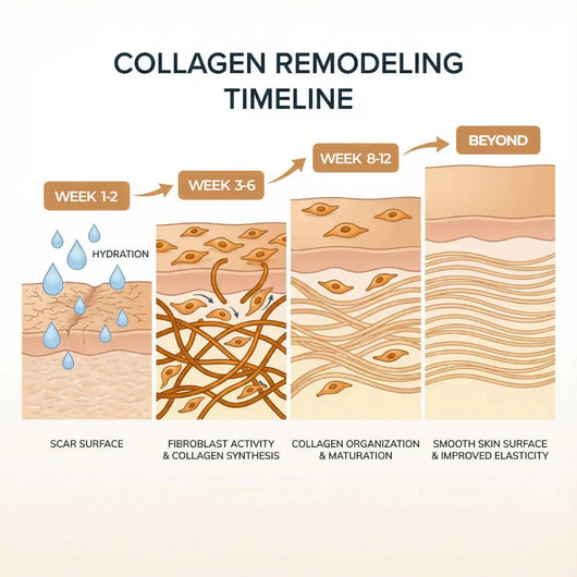 Diagram titled "Collagen Remodeling Timeline": scar surface from week 1-2 hydration to smooth skin beyond week 12