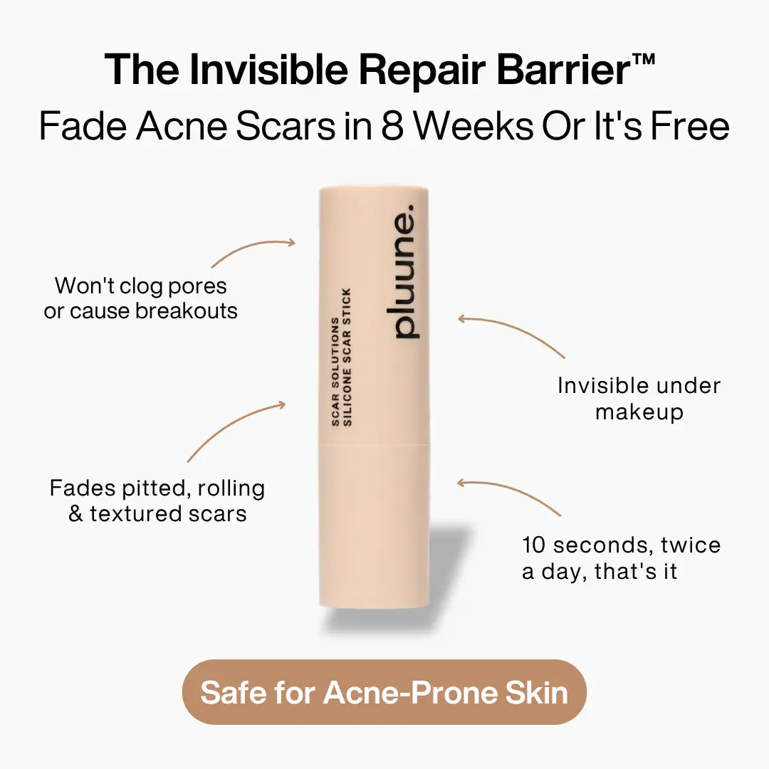 Pluune acne scar stick with callouts and the headline 
