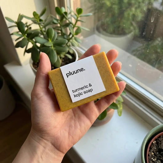 Hand holding a Pluune turmeric and kojic soap bar in front of potted plants on a windowsill