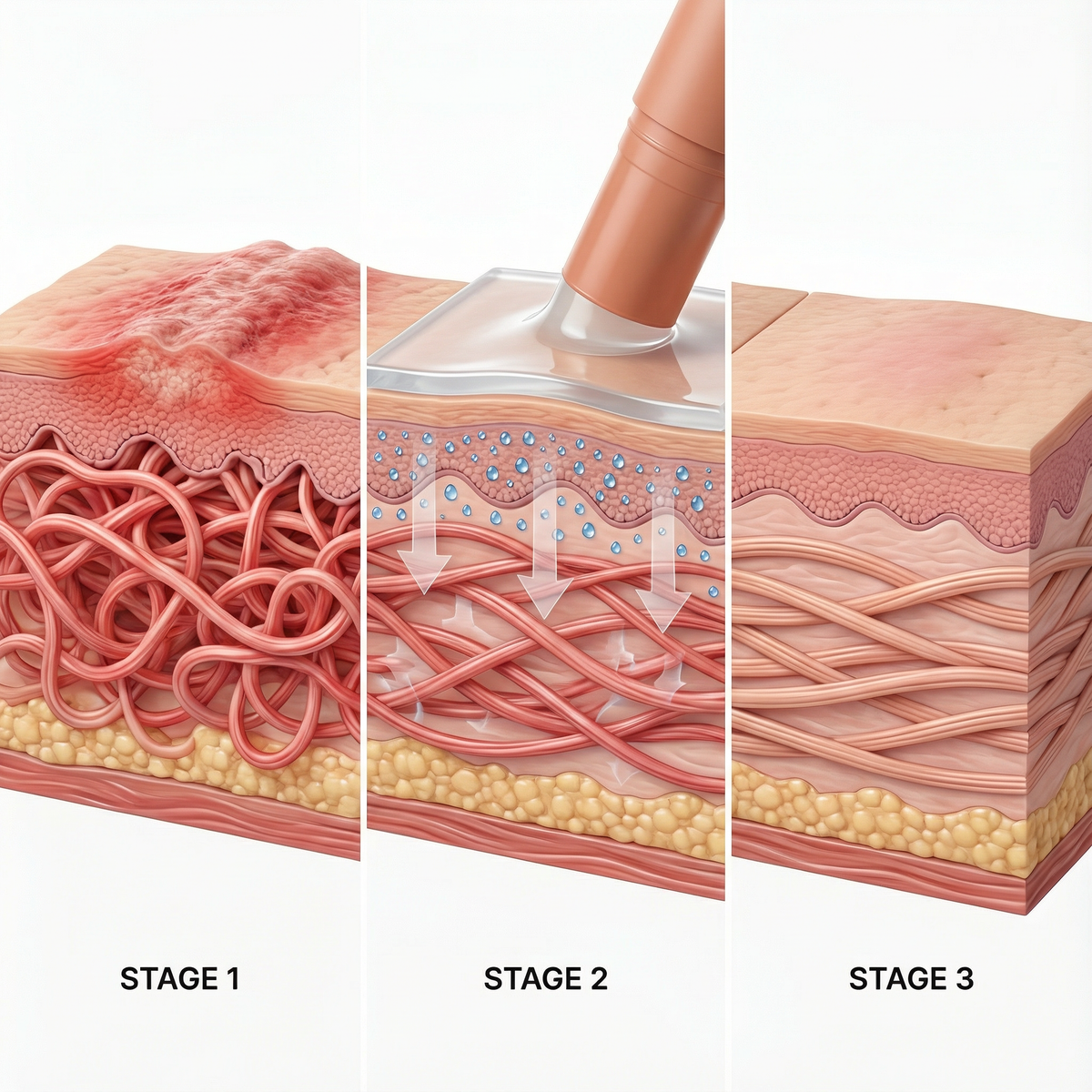 Three-stage skin illustration: a raised scar, a stick applying a clear layer, then flatter skin with aligned fibers