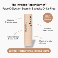 Pluune c-section scar stick with callouts and the headline "Fade C-Section Scars in 8 Weeks Or It's Free"