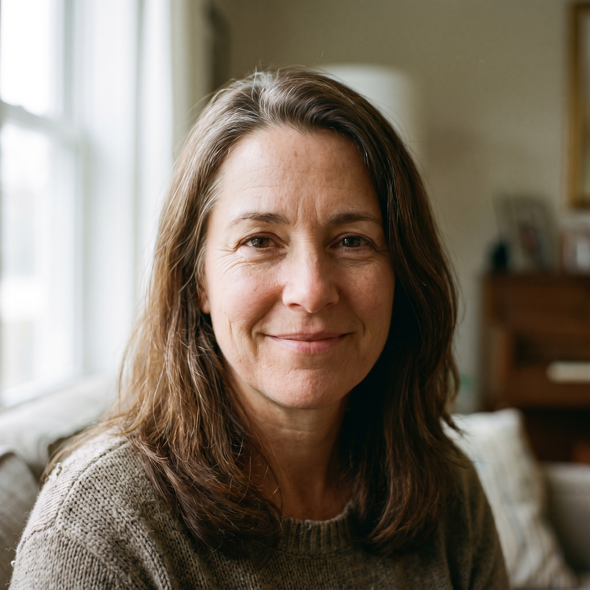 Woman with shoulder-length brown hair and a knit sweater smiling softly on a sofa near a window