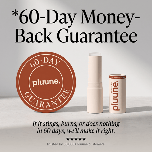 Guarantee graphic: "60-Day Money-Back Guarantee" with a round seal next to the open Pluune acne stick