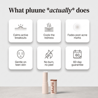 Benefits graphic: "What pluune actually does" with six icon tiles above the open acne stick and its cap