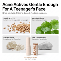 Ingredients graphic: "Acne Actives Gentle Enough For A Teenager's Face" with azelaic acid, centella, sulfur and zinc tiles