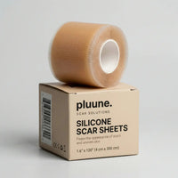 Pluune overnight silicone sheets: beige roll resting on its "Silicone Scar Sheets" box, 1.6 x 120 inches