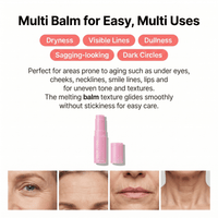 Usage graphic: "Multi Balm for Easy, Multi Uses", pink balm stick above close-ups of eye, forehead, lips and neck