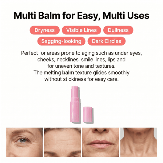 Usage graphic: "Multi Balm for Easy, Multi Uses", pink balm stick above close-ups of eye, forehead, lips and neck