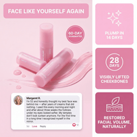 Three pink PDRN Pink Collagen balm sticks under the headline "Face like yourself again", with a 60-day guarantee badge