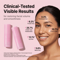 Results graphic: "Clinical-Tested Visible Results", smiling woman with percentages by facial area, two pink balm sticks