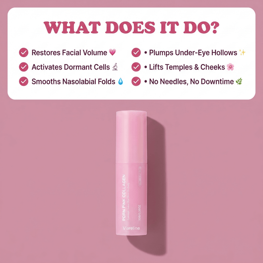 Benefits checklist: "What does it do?" with six claims above a pink PDRN Pink Collagen balm stick