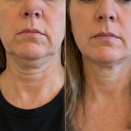 Before and after of a woman's chin and neck, with loose skin under the jaw looking tighter on the right