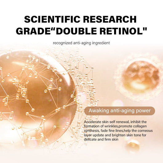 Ingredient graphic: golden molecule spheres under the headline "Scientific research grade double retinol"