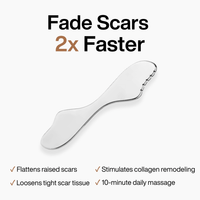 Product graphic: steel scar massage stone under the headline "Fade Scars 2x Faster", with four benefit checkmarks