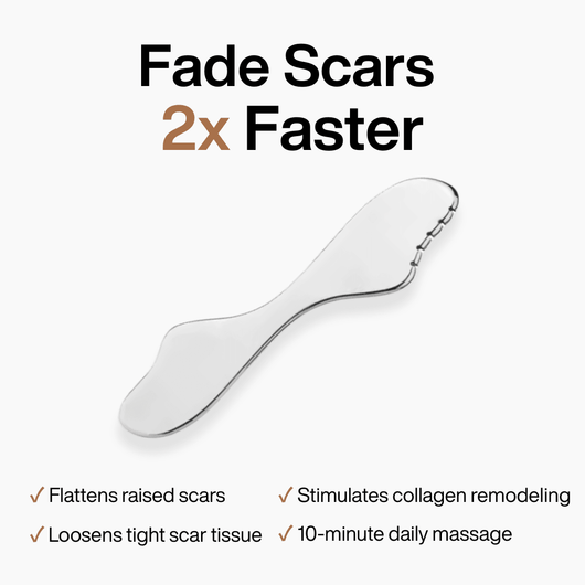 Product graphic: steel scar massage stone under the headline "Fade Scars 2x Faster", with four benefit checkmarks