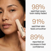 Woman holding a Pluune scar stick to her cheek next to survey figures of 98%, 91% and 89% reported improvements