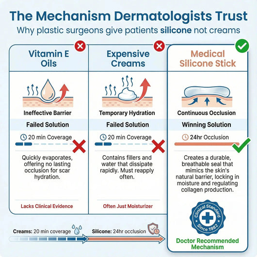 Comparison chart "The Mechanism Dermatologists Trust": vitamin E oils and creams versus a medical silicone stick