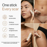 Graphic "One stick, every scar": Pluune scar stick applied to acne, c-section and surgical scars and stretch marks