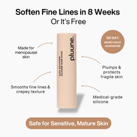 Pluune scar and wrinkles stick with callouts and the headline "Soften Fine Lines in 8 Weeks Or It's Free"