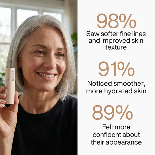 Smiling woman with gray hair holding a Pluune stick next to survey figures of 98%, 91% and 89%