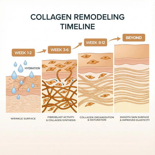 Diagram titled "Collagen Remodeling Timeline": wrinkle surface from week 1-2 hydration to smooth skin beyond week 12