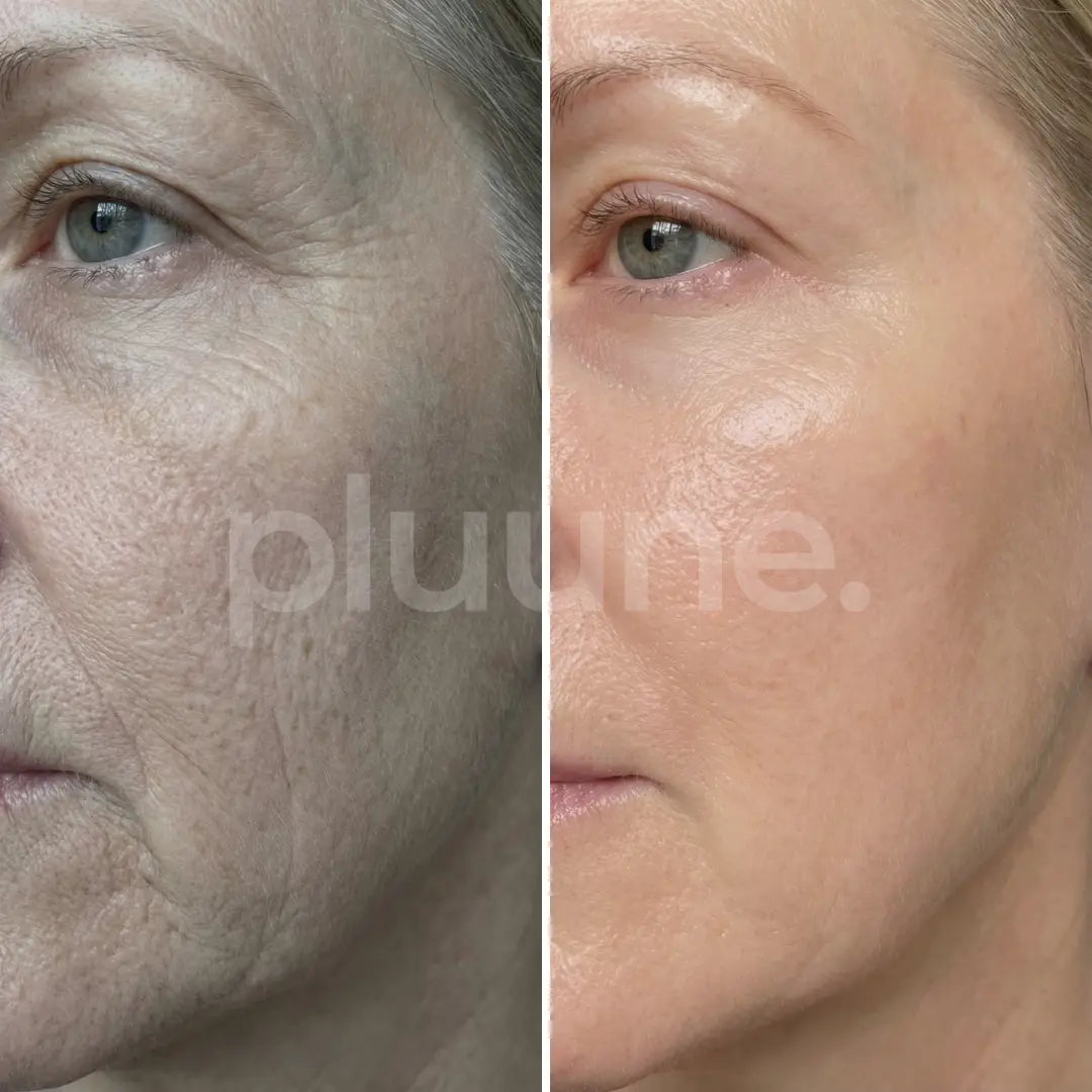 Before and after: woman's face with deep lines around the eye and cheek, smoother and more even on the right