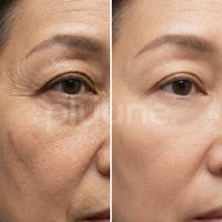 Before and after close-up of a woman's eye area: wrinkles and crow's feet look softer on the right