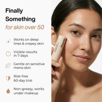 Woman holding a Pluune stick to her cheek beside the headline "Finally Something for skin over 50"