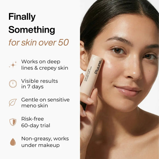 Woman holding a Pluune stick to her cheek beside the headline "Finally Something for skin over 50"