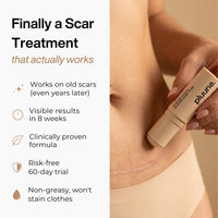 Feature list "Finally a Scar Treatment that actually works" next to a Pluune stick applied to a lower abdominal scar