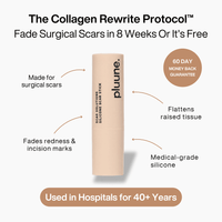 Pluune surgical scar stick with callouts and the headline "Fade Surgical Scars in 8 Weeks Or It's Free"