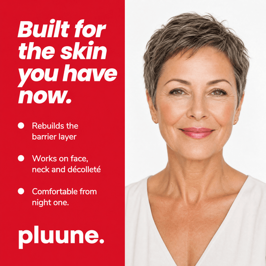 Benefits graphic: "Built for the skin you have now" beside a smiling woman with short gray hair