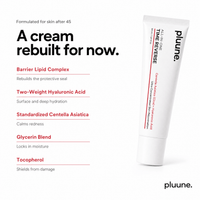 Ingredient list graphic: "A cream rebuilt for now." with five ingredients beside a Pluune Time Reverse Cream tube