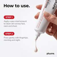How-to graphic: "How to use." in two steps, hand squeezing a drop from a Pluune Time Reverse Cream tube