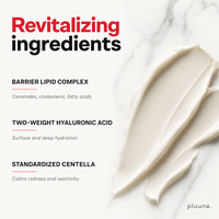 Ingredients graphic: "Revitalizing ingredients" listing lipid complex, hyaluronic acid and centella beside cream swatches